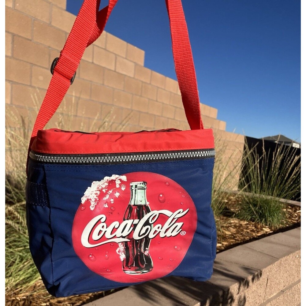 Coca Cola Insulated Soft Cooler Lunch Bag 4 Can Holders Red Blue Coke 8”